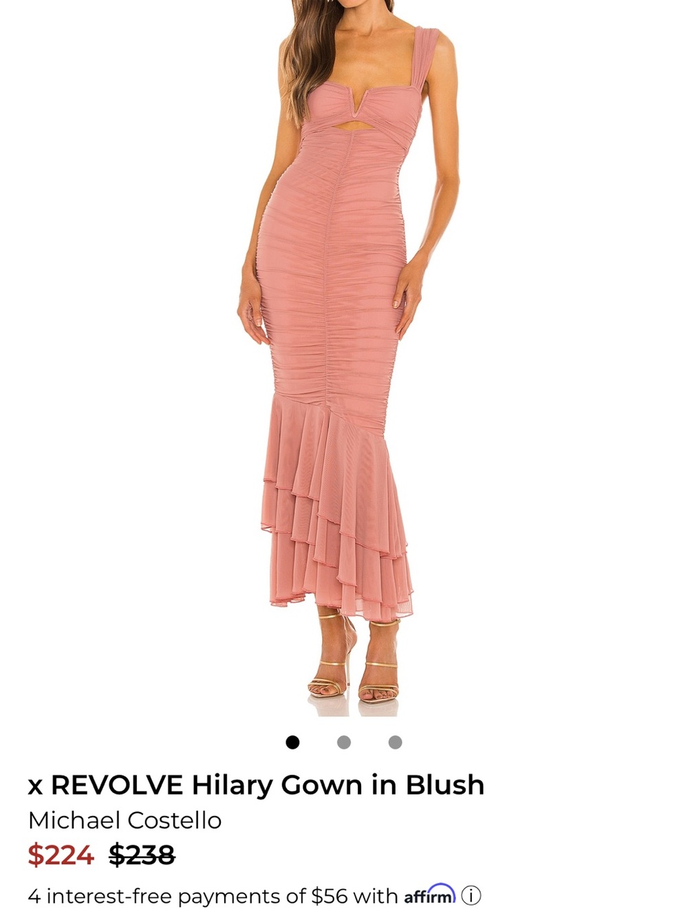 Michael Costello Hilary  Gown in Blush color. Ruched Tiered Ruffle Gown.